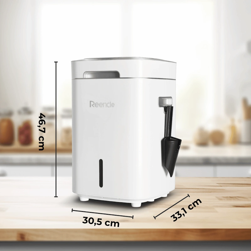 Domači kompostnik Reencle Prime ima kompaktne dimenzije in se popolnoma prilega v vsako kuhinjo.